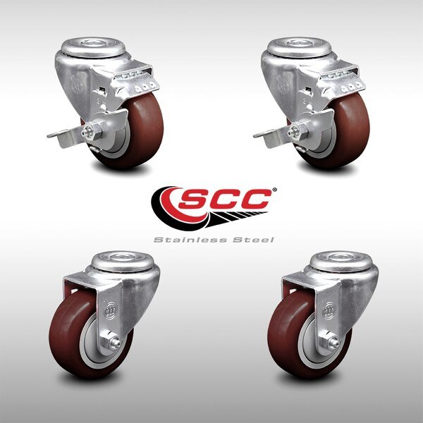 3 Inch SS Maroon Polyurethane Wheel Swivel Bolt Hole Caster Set with 2 Brake SCC, Service Caster, Mfr#: SCC-SSBH20S314-PPUB-MRN-TLB-2-S-2